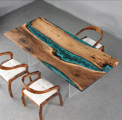 Custom Walnut Epoxy Resin Rectangular Table  Sea Wave lrregularly Distributed Resin 108'' x 48'' $4,434.96 for  Nish Selvakumar