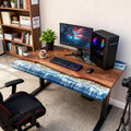 Executive office setup with a black walnut epoxy resin desk, ocean-wave resin inlay, and a clean professional workstation.