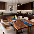 Contemporary living room scene showcasing a black walnut blue river epoxy table with rich natural grain and polished surface reflections.