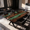 Contemporary living space featuring a black walnut river epoxy table with deep green resin accents and sleek modern styling.
