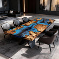 Elegant dining room scene showcasing an olive wood epoxy resin table with a vivid blue marbled river and smooth polished surface for gatherings.