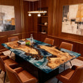 French poplar epoxy resin table in a modern living room, featuring an ocean-blue river epoxy with wave-like marbling and glossy finish.