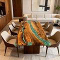 Spacious living room scene featuring a black walnut epoxy resin table with emerald green marbled river design and glossy finish.