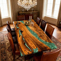 Elegant dining room scene featuring a black walnut epoxy resin table with emerald green swirl river inlay and upholstered chairs.