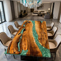 Black walnut green river epoxy table in a modern living room, styled as a statement piece beside a luxury sofa set.