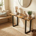 Modern hallway decor featuring an Italian olive wood epoxy resin console table with clear resin finish and black metal legs.