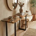 Olive wood clear epoxy console table styled under a round mirror, perfect for foyer keys, books, and everyday essentials.