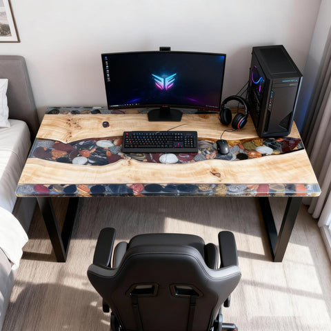 Home office scene featuring a French poplar river epoxy desk, transparent resin stream with embedded pebbles and natural wood grain.