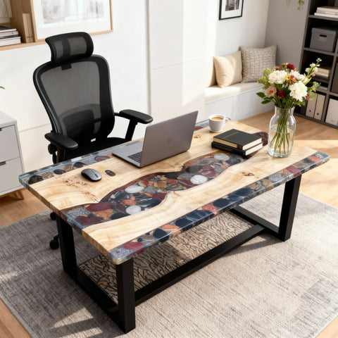 Minimalist office interior with a French poplar epoxy resin desk, clear creek resin channel with pebbles and clean modern styling.