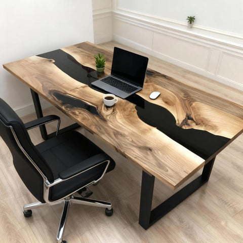Black walnut epoxy resin desk in a modern home office, featuring a glossy black resin river inlay and rich natural wood grain.