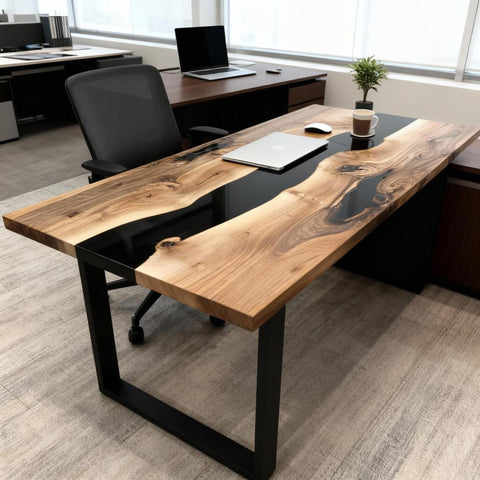 Home office workspace with a black walnut river epoxy desk, deep black resin channel, and minimalist styling by a window.
