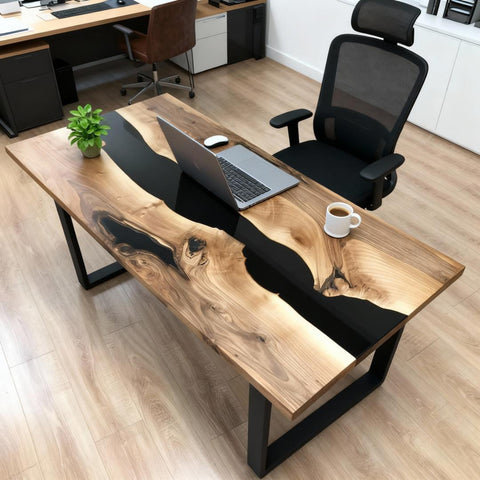 Modern corporate workspace featuring a black walnut black river epoxy desk, clean lines, and professional desk setup.