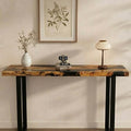 Olive wood epoxy resin console table featuring a deep black resin river inlay, styled in a minimalist entryway with warm neutral tones.