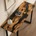 Modern hallway scene with an olive wood black river epoxy console table, showcasing dramatic olive grain and glossy black resin.