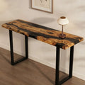 Behind-the-sofa setup with an olive wood epoxy resin console table, sleek black resin river and modern metal legs.