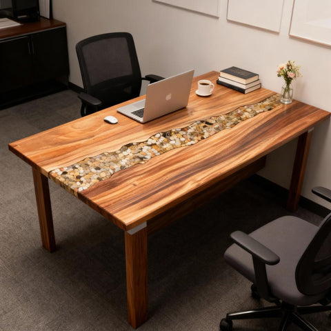 Modern workspace showcasing a walnut epoxy resin desk with a rocky creek river inlay and polished glossy finish.