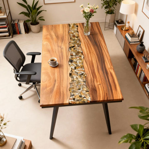 Minimalist office interior featuring a walnut epoxy resin desk with pebble-filled river effect and ergonomic chair.