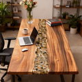 Contemporary home study with a walnut river epoxy desk, clear resin creek design with embedded pebbles and natural textures.
