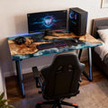 Contemporary study interior showcasing a French poplar ocean-blue epoxy desk with floating wood “islands” and polished surface reflections.