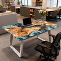 Executive office setup showcasing a French poplar epoxy resin desk with deep ocean-blue “island” epoxy and dramatic wood grain.