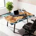 Corporate office workspace featuring a French poplar ocean-blue epoxy desk, island-like resin sections, and clean minimalist styling.