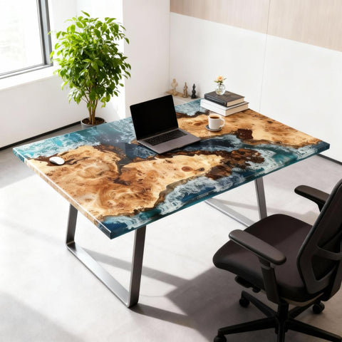 Corporate office workspace featuring a French poplar ocean-blue epoxy desk, island-like resin sections, and clean minimalist styling.