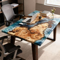 Remote work home office with a French poplar epoxy resin desk, ocean-blue island effect, and organized books and accessories.