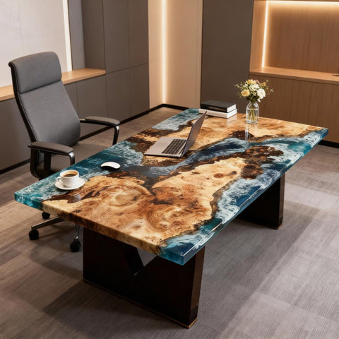 French poplar epoxy resin desk in a home office, featuring an ocean-blue resin “island” design with floating wood inlays and glossy finish.