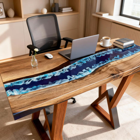 Black walnut epoxy resin desk in a home office, featuring a deep navy blue river epoxy with icy blue marbled edges and a laptop workspace.