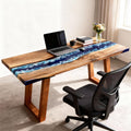 Executive office scene with a black walnut river epoxy desk, ocean-blue resin channel, ergonomic chair, and clean modern styling.