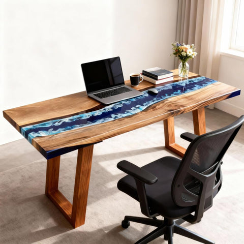 Executive office scene with a black walnut river epoxy desk, ocean-blue resin channel, ergonomic chair, and clean modern styling.