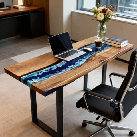 Modern home office setup showcasing a black walnut epoxy resin desk with blue river inlay, coffee cup, and books by a sunny window.