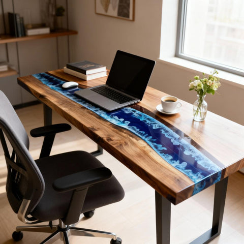 Corporate workspace featuring a black walnut blue river epoxy desk, polished surface, laptop, and minimalist office decor.