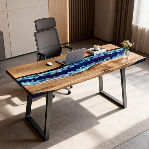 Private office desk scene with a black walnut epoxy resin tabletop, deep blue resin river design, and contemporary wooden base.