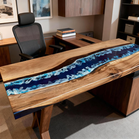 Remote work home office featuring a black walnut epoxy resin desk with navy blue river epoxy and bright natural daylight.