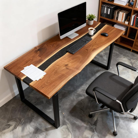 Walnut epoxy resin desk in a home office, featuring a deep navy blue river epoxy with icy marbled edges and a laptop workspace.