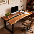 Modern home office scene with a walnut river epoxy desk, ocean-blue resin channel, ergonomic chair, and warm natural light.