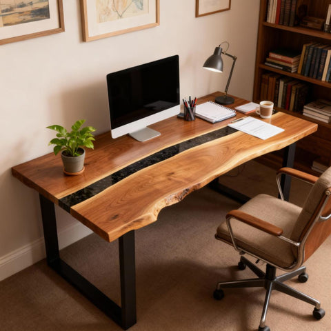 Modern home office scene with a walnut river epoxy desk, ocean-blue resin channel, ergonomic chair, and warm natural light.