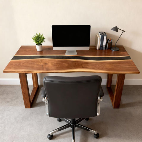Executive office setup showcasing a walnut epoxy resin desk with blue river inlay, polished surface, and minimalist decor.
