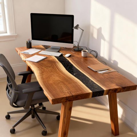 Corporate workspace featuring a walnut blue river epoxy desk, styled with laptop, mouse, and clean desk accessories.