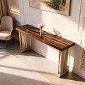 Modern dining room scene showcasing a black walnut black epoxy river table with polished surface reflections and dramatic grain patterns.