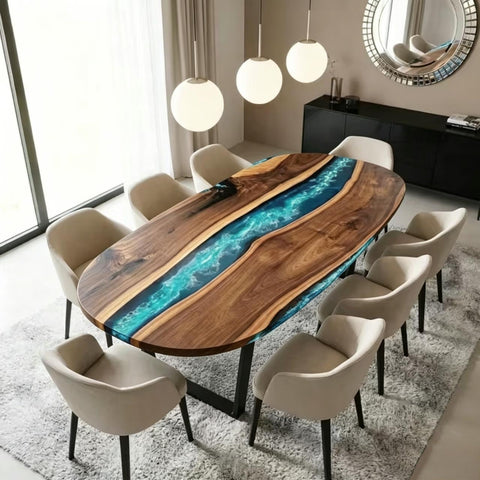 Custom Walnut Epoxy Resin Oval Table  Sea Wave lrregularly Distributed Resin 108'' x 48'' $4,434.96 for  Nish Selvakumar